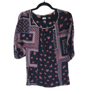 Edme & Esyllte Anthropologie Womens Floral Patchwork Tunic Blouse Navy Blue XS